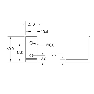 40-523-1 MODULAR SOLUTIONS ANGLE BRACKET<br>60MM TALL X 30MM WIDE W/ HARDWARE